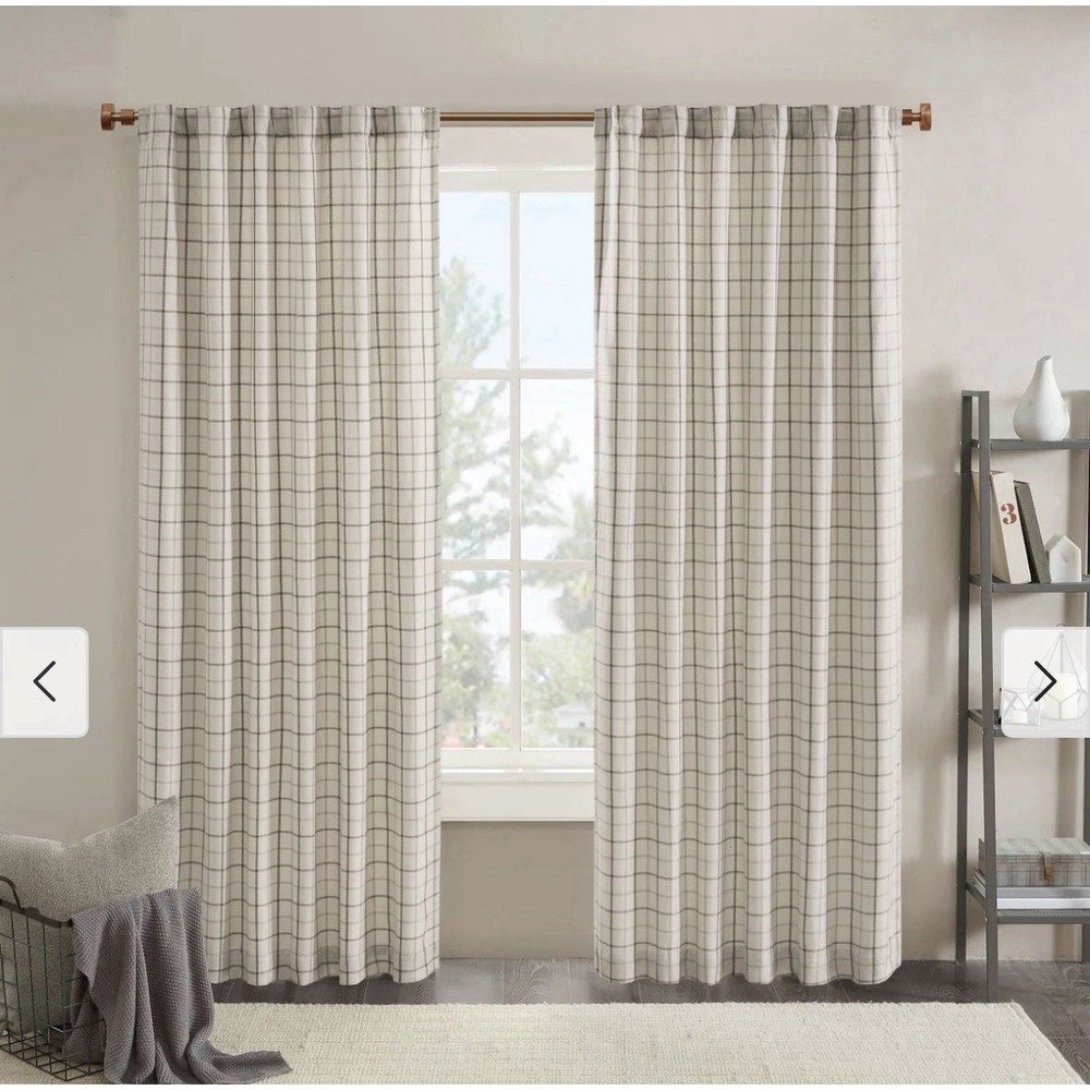 2 Madison Park Anaheim Plaid Check Curtain Panel Lined 50x95 Dual Header Natural